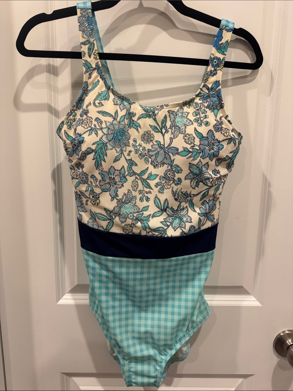 Lands' End Floral & Gingham One-Piece Swimsuit in Cream, Aqua & Navy